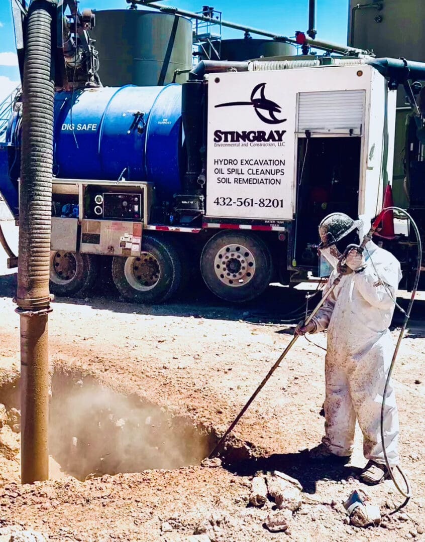 A man in white shirt and pants using a shovel.